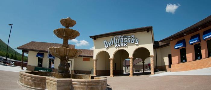 DelGrosso's Park Entrance with water fountain and Guest Services building.