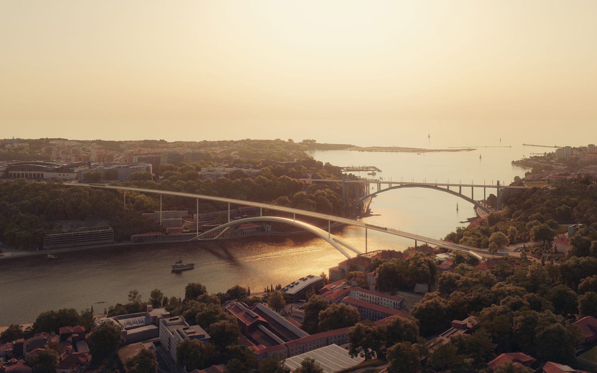 Nova Ponte sobre o rio Douro — vista aérea, com a Ponte da Arrábida e a foz ao fundo.