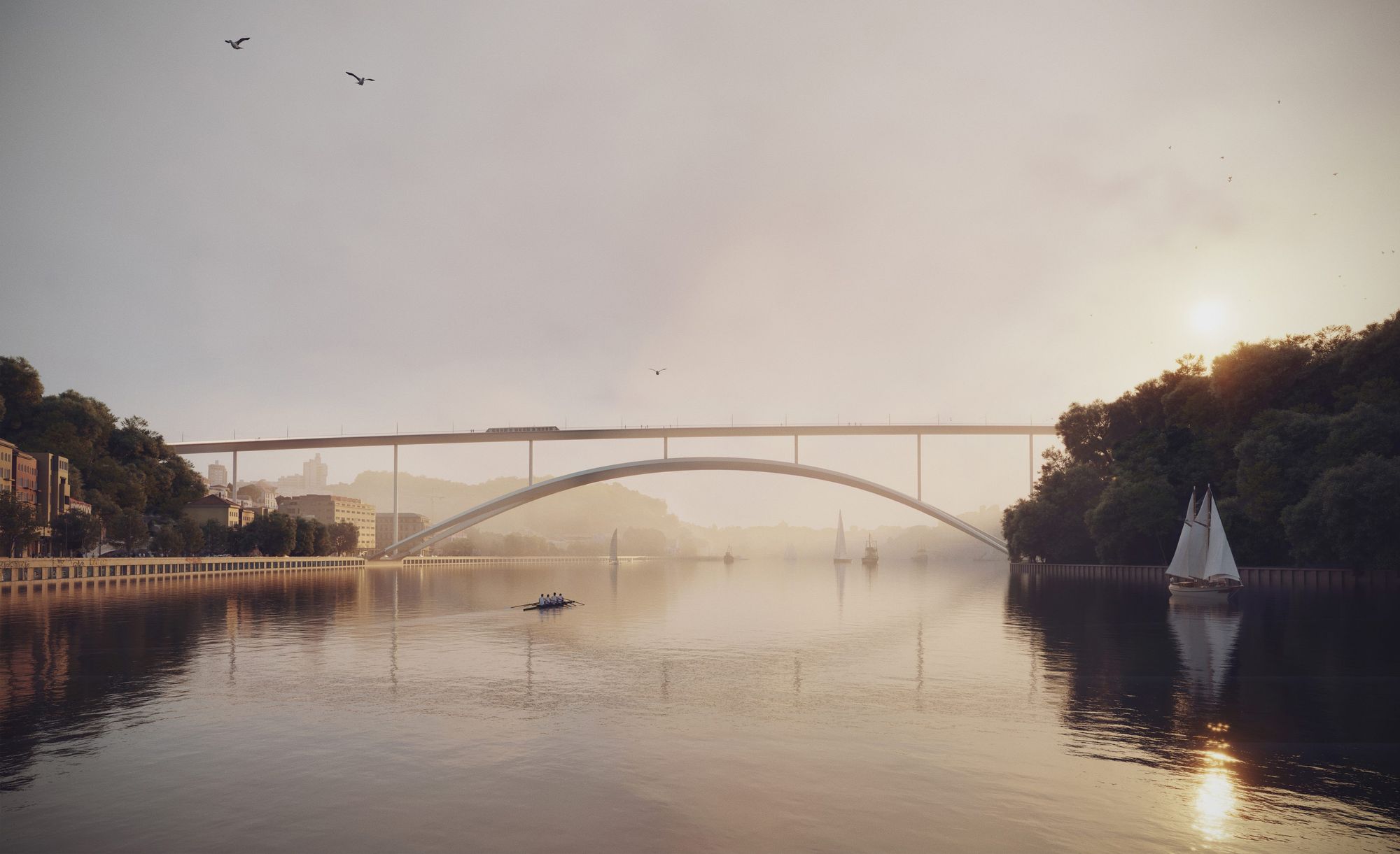 Nova Ponte sobre o rio Douro, para metro e peões, entre o Porto e V. N. de Gaia — vista do rio, a montante.