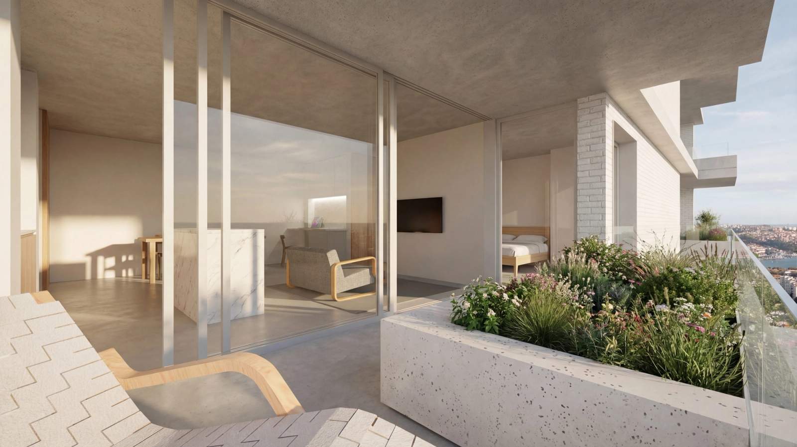 Habitação para arrendamento a custo acessível em Lordelo — a varanda de um apartamento, com o canteiro corrido e a vista sobre o Douro e a Afurada.