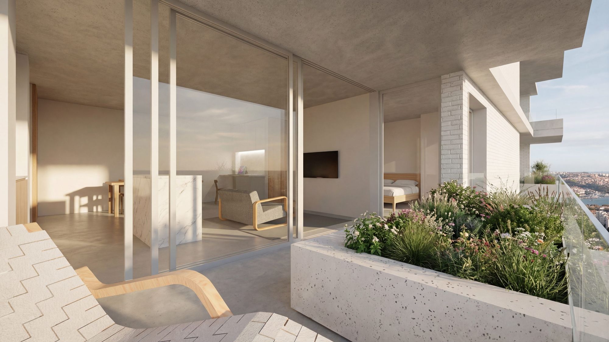 Habitação para arrendamento a custo acessível em Lordelo — a varanda de um apartamento, com o canteiro corrido e a vista sobre o Douro e a Afurada.