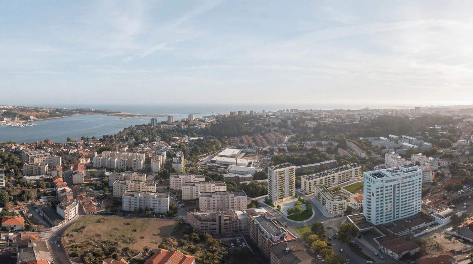Habitação para arrendamento a custo acessível em Lordelo — implantação na cidade, com vista sobre o Douro, a Foz e o mar.
