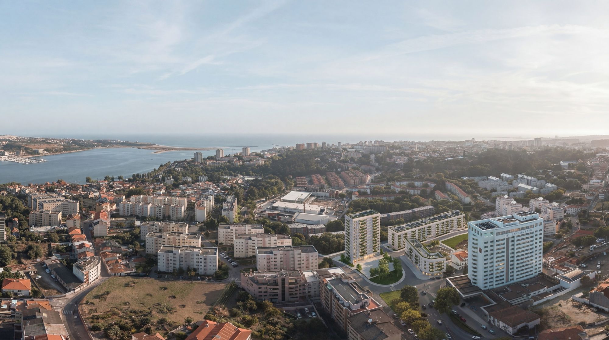 Habitação para arrendamento a custo acessível em Lordelo — implantação na cidade, com vista sobre o Douro, a Foz e o mar.