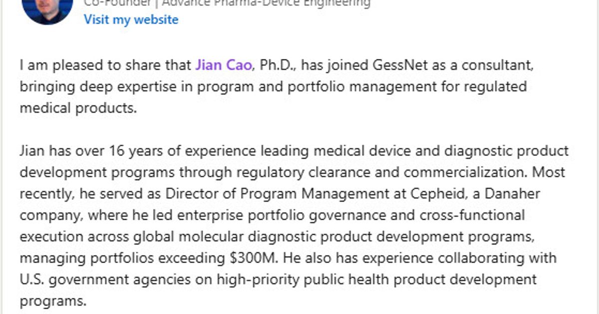 Welcoming Jian Cao, Ph.D. to Strengthen Program and Portfolio Leadership
