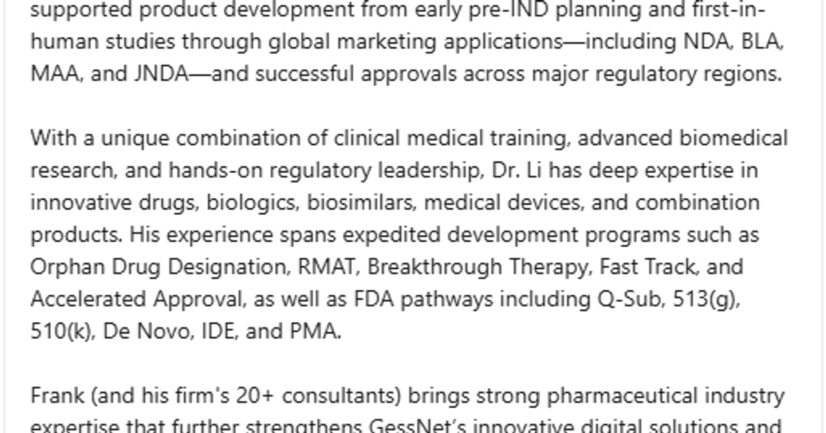 Welcoming Frank Li, MD, PhD, to Strengthen Regulatory and Clinical Expertise