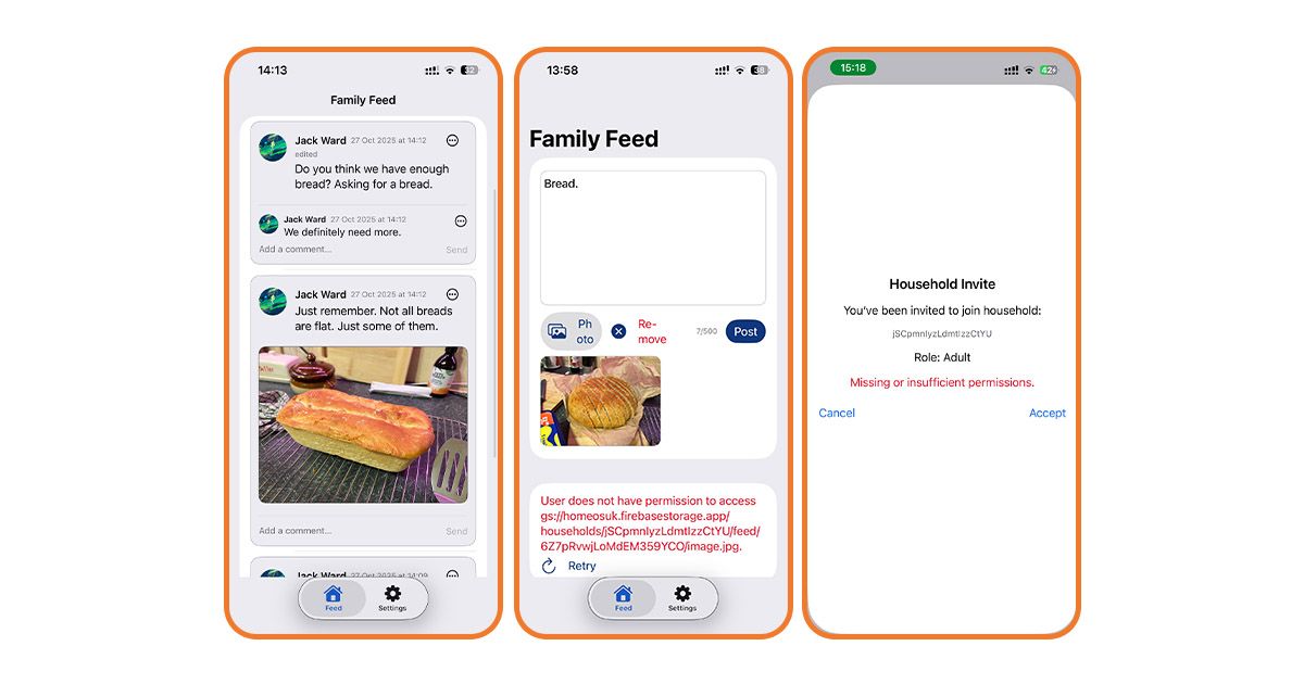 Screenshots of the early version of the app. Three images with basic design, permission errors and broken interface.