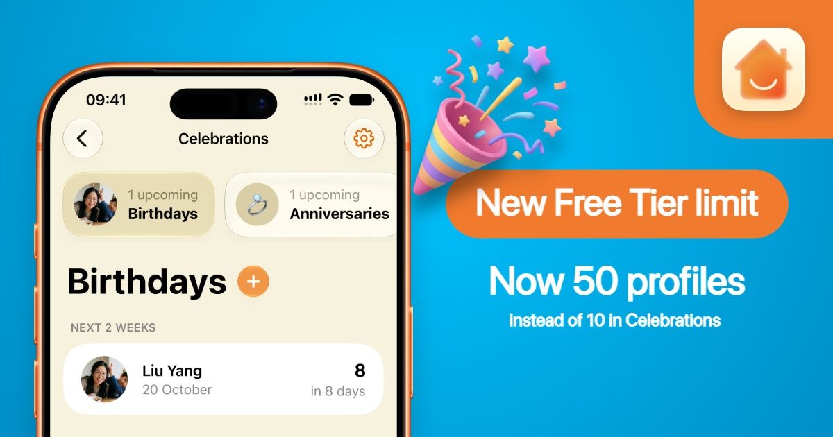 Cuppi Home's new free tier limit promo, saying 50 profiles can be created instead of 10 across Celebrations in-app