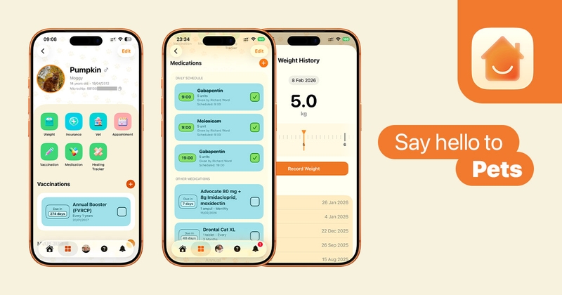 Three screenshots of Cuppi app's Pets feature; showing a cat's medical profile, a list of medications with updates and a weight tracker, showing 5kg. A text saying "Say hello to Pets" and an app logo in the top right corner.