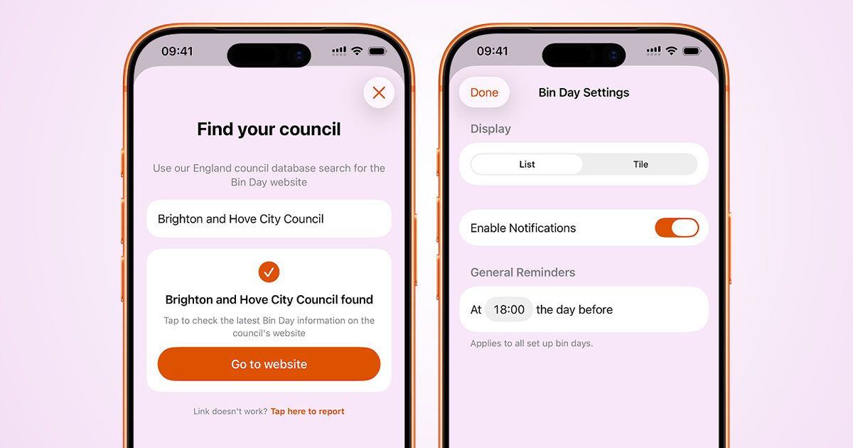 Two screenshots of the Bin Day Cuppi feature, showing the Find your council step and the Settings menu, showing the new Display options