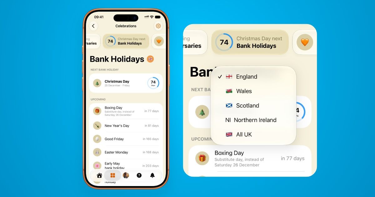 Cuppi Home's Bank Holidays feature screenshots, showing the list of British Bank Holidays and the dropdown menu's selection of UK countries