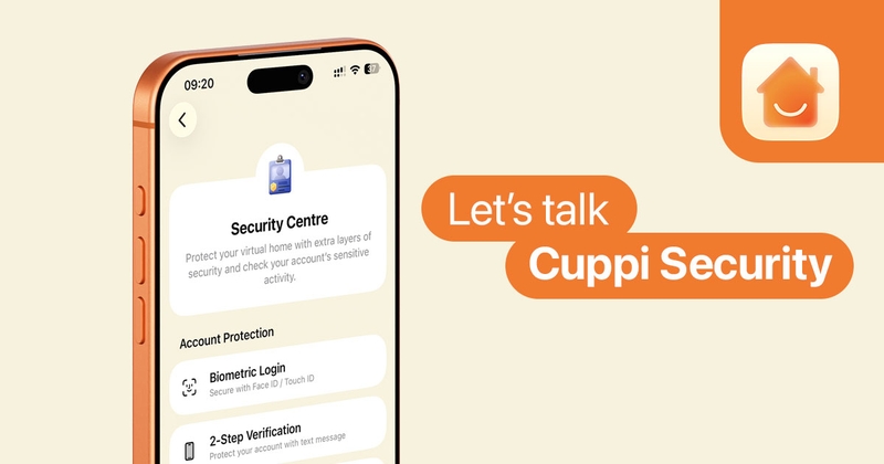 "Let's talk Cuppi Security" promo text with an iPhone on the left, showing the Cuppi Security Centre. Cuppi app logo in the top right corner