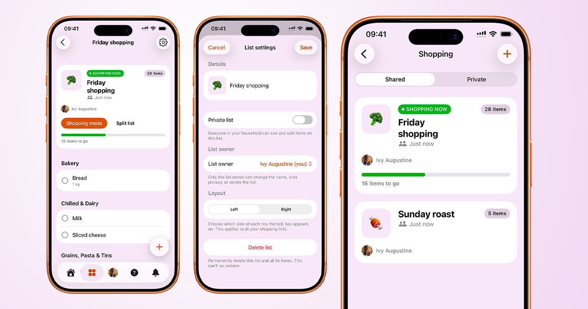Three screenshots of the Cuppi Shopping app, showcasing SHOPPING NOW status, List settings and the shopping list UI