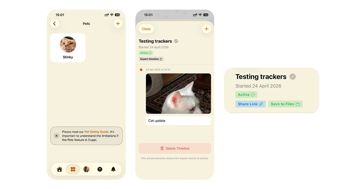 Three screenshots of the Cuppi Pets in-app, showing the list of pets, a healing tracker page and the new Share link and Save to Files buttons