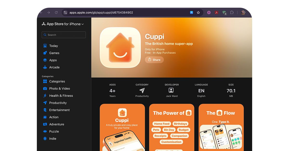A screenshot of the App Store website with the live Cuppi iOS app page with details