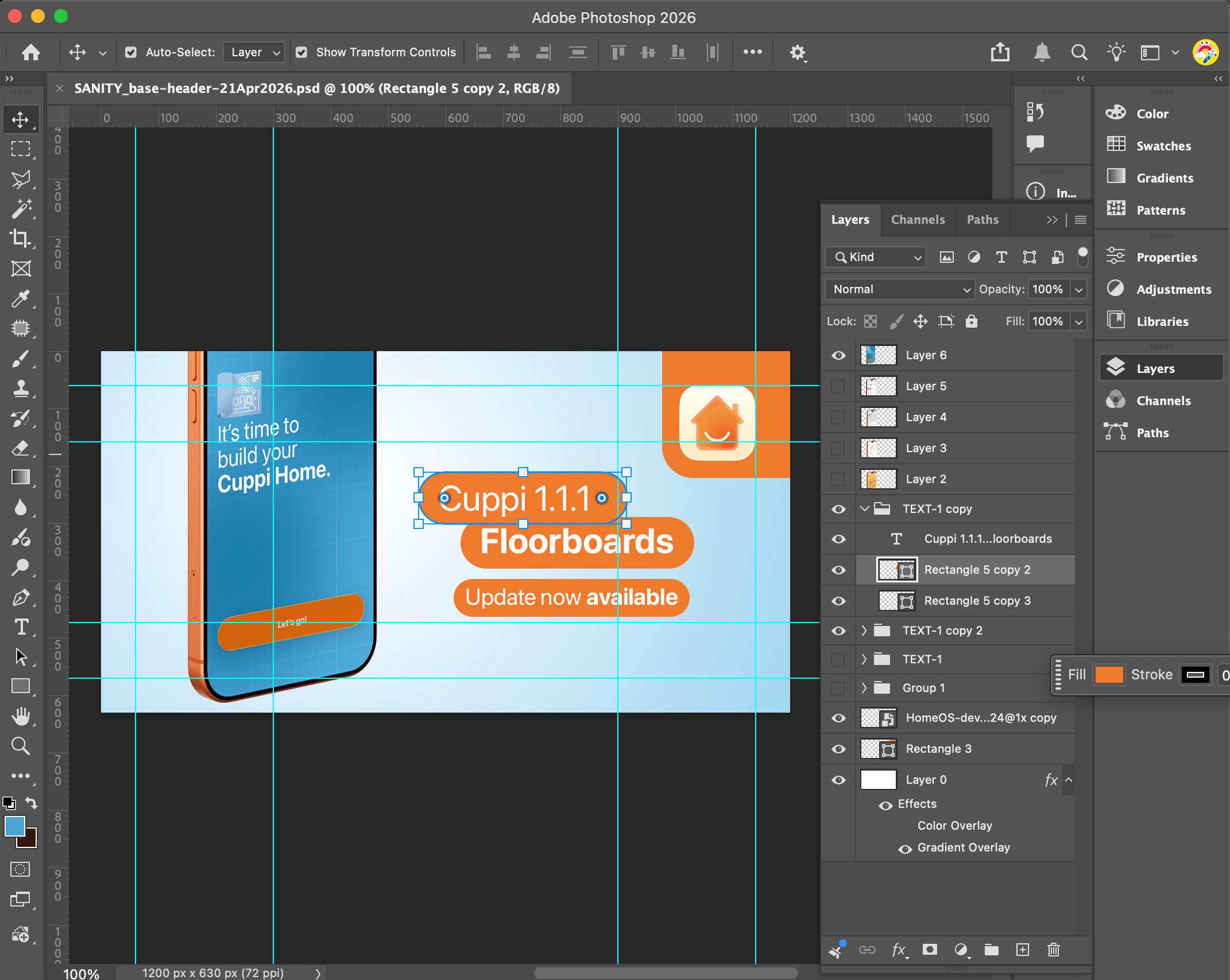 A screenshot of a Photoshop project, showing the process of creating Cuppi release notes thumbnails