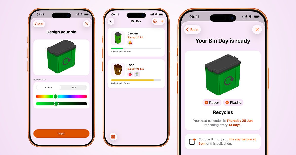 Three screenshots of the Cuppi Bin Day feature, showing the new bin designer, updated bin day cards with countdowns and a summary of a newly created bin day profile