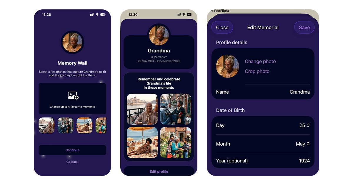 Three screenshots showcasing the In Memoriam feature of Cuppi, Memory Wall, In Memoriam profile view and the Edit interface, all using a distinct deep purple colours