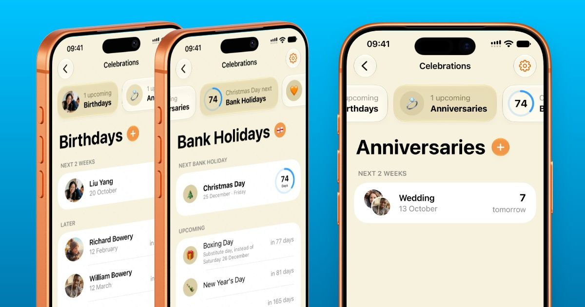 Three iPhone mockups showcasing the new Cuppi Celebrations in-app. Birthdays, Bank Holidays and Anniversaries pages are open, filled with profiles and dates.