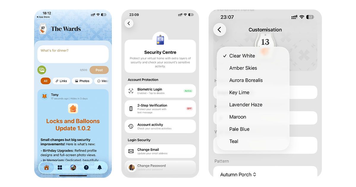 Three screenshots, focusing on new updates, Security Centre status tags, new theme selection Clear White and the Locks and Balloons Update feed post