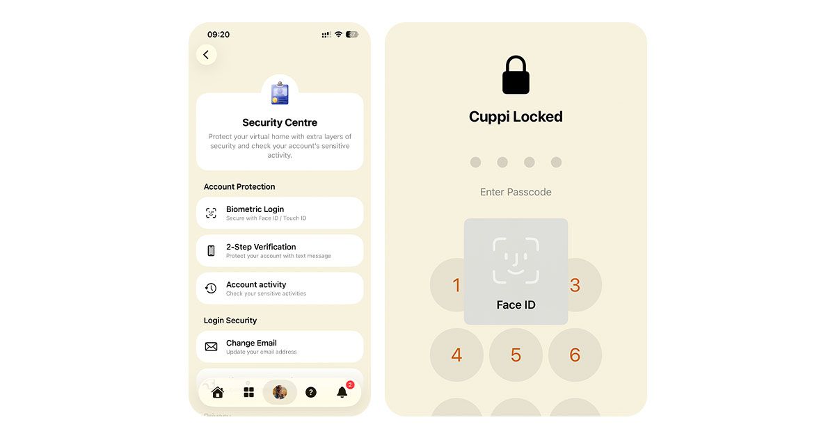 Screenshots of the Cuppi Security Centre and demonstration of the locked app PIN interface with Face ID checks.
