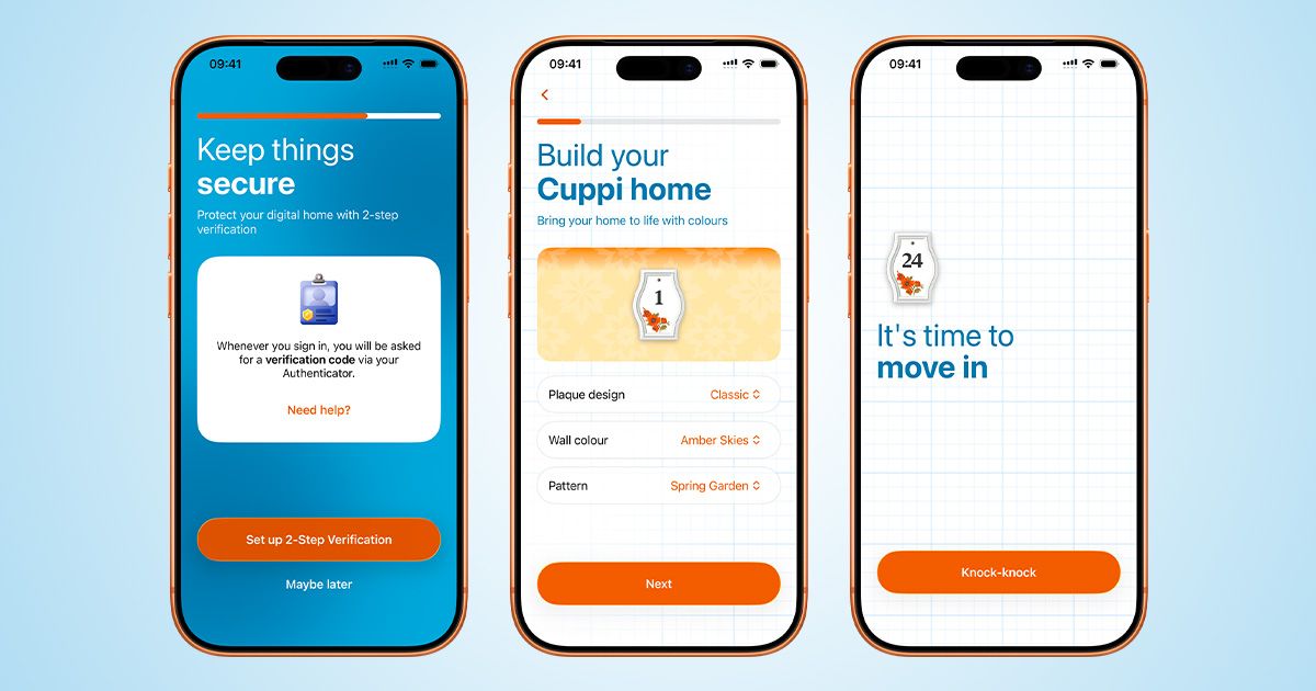 Three iPhone screenshots of the new Onboarding design flow, showing the MFA step, Build your Cuppi home step and the final page of the onboarding process