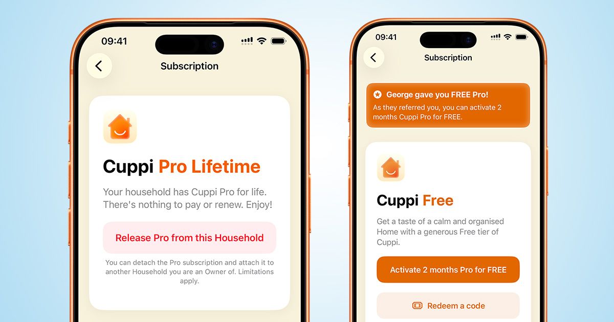 Two iPhone screenshots of the attached Lifetime Pro and invitation banner on the Subscription page