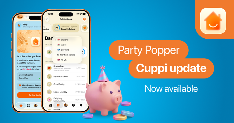 Two iPhone mockups showing Cuppi Home's budget smart post and the new Bank Holiday feature. A piggy bank with a party hat on, surrounded by rainbow coins next to the phones. Party Popper Cuppi update Now available text in the middle and the Cuppi Home logo in the top right corner