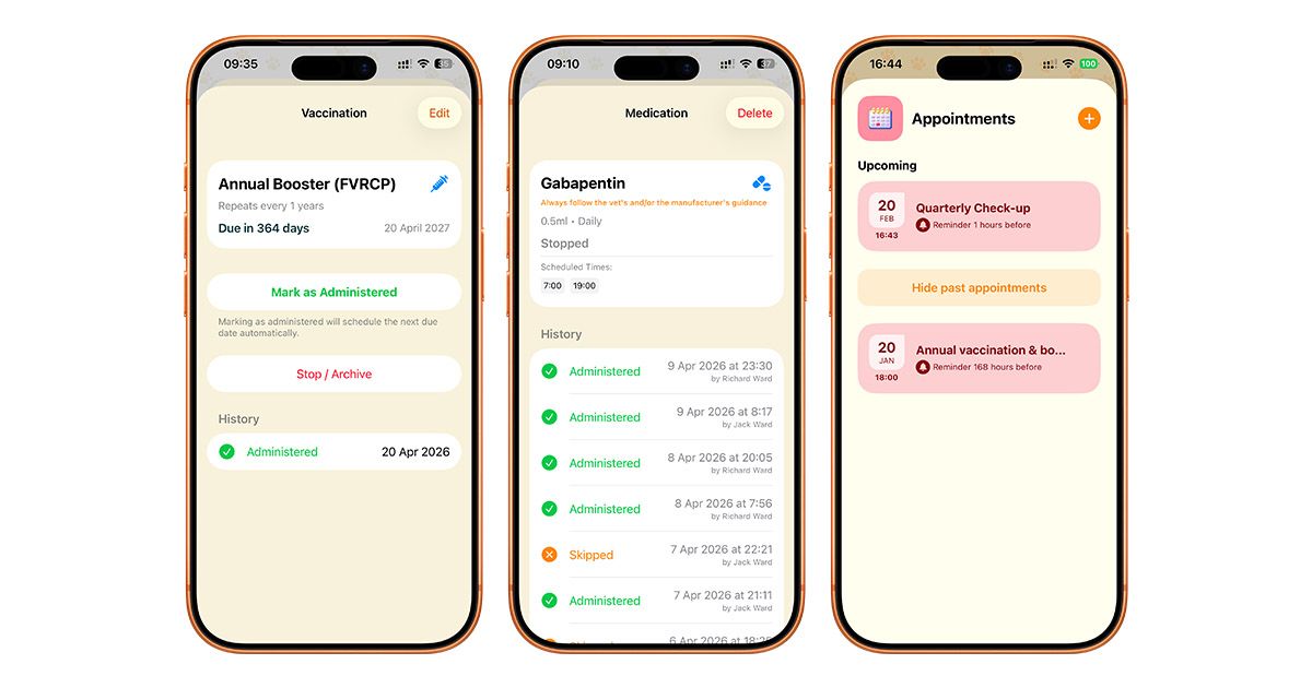 Three screenshots of the Pets feature in the Cuppi app: a cat medical profile, medications list with checkmarks and status and a weight tracker set at 5kg.