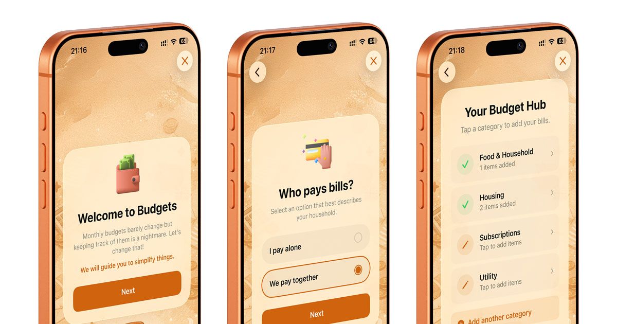 Three screenshots of the Cuppi app Budget builder, showcasing the step-by-step interface and a budget hub to create a home budget, listing Housing, Utility, Subscription etc category items.
