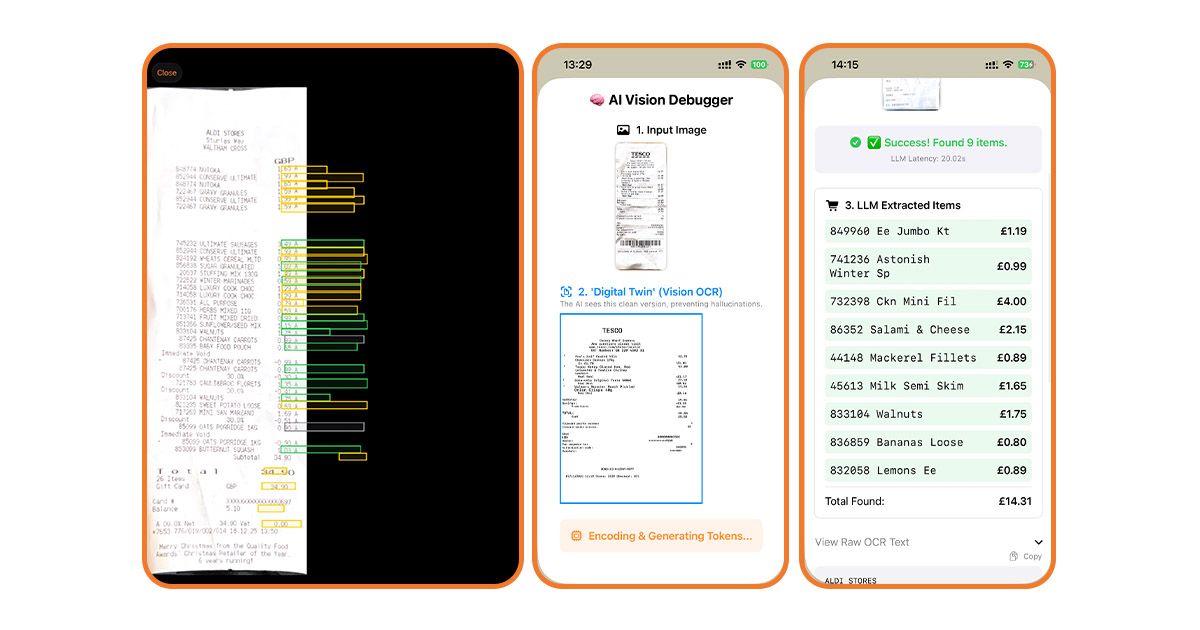 Three screenshots of the early Receipts reader feature, showing broken OCR scanner UI, AI Vision Debugger and successful data processing.