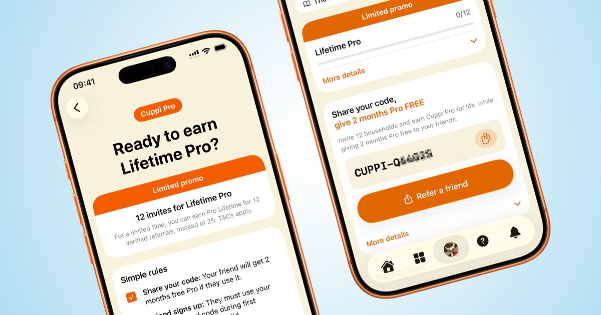 Two mobile phone screenshots of the Cuppi referral pages on the iOS app, showing the sign up and share your code sections