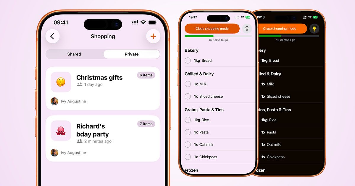 Three screenshots of the Cuppi Shopping list, showcasing Private lists and the light/dark mode shopping mode