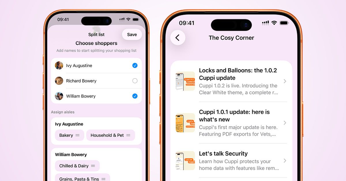 Two screenshots of Cuppi, on the left the Split shopping list settings, on the right, The Cosy Corner blog integrated in the app