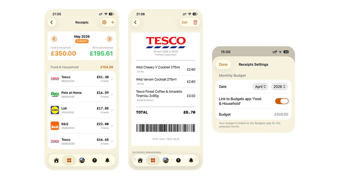 Screenshots of the Receipts app, showcasing the new store icons and the Budget sync feature