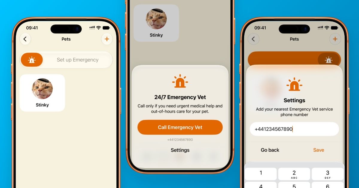 Three iPhone mockups showcasing Cuppi Home's new Pets feaature, Emergency Veterinary phone number access. A slider shows Set Up Emergency, a dedicated Settings sheet shows the phone number input and the activated 24/7 Emergency Vet with "Call Emergency Vet" button