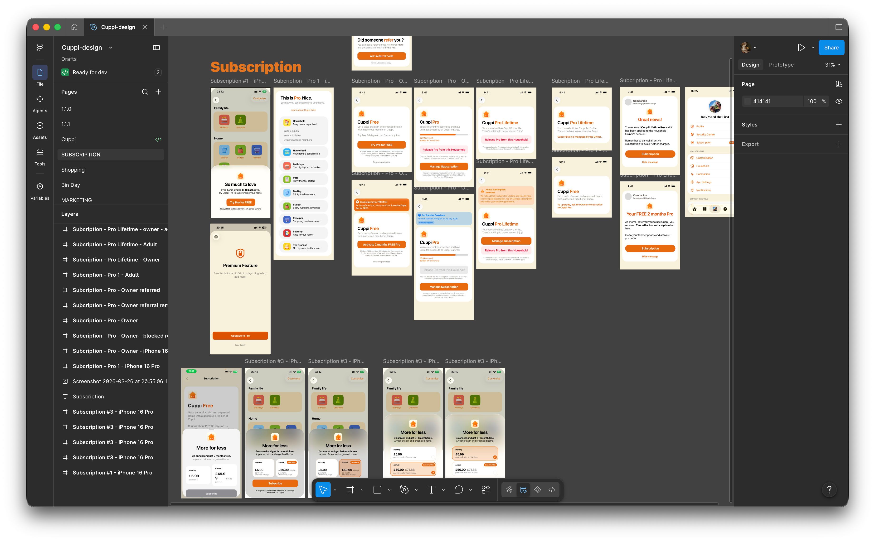 A screenshot of the Figma window, showing the process of designing the Subscription pages