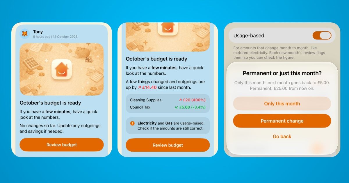 Three screenshots showing Cuppi Home's Smart features, including the Smart Post by the household's Companion, showing the changes in upcoming outgoings or no changes and the new Usage-based setting for outgoings