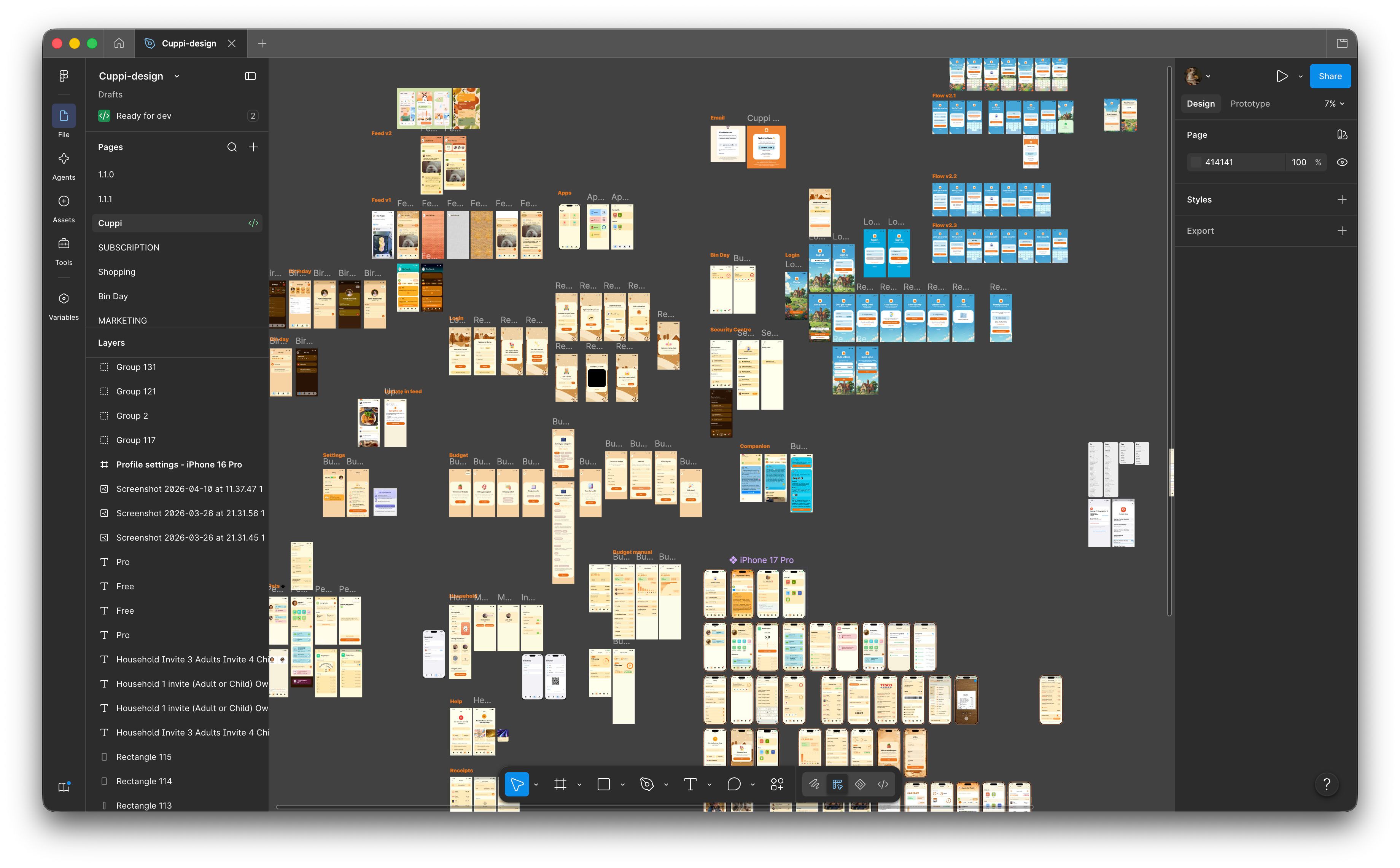 A screenshot of Figma, showing a waste amount of Cuppi UI/UX design