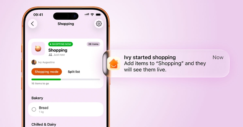 Screenshot of the new, collaborative Cuppi Shopping list, showing a live notification, saying "Ivy started shopping"