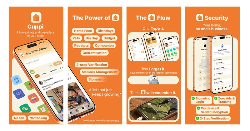 Four screenshots of the App Store submitted marketing material of Cuppi, showcasing Security, a list of features and the Cuppi Flow showing the simplicity ad ease of use of the app.