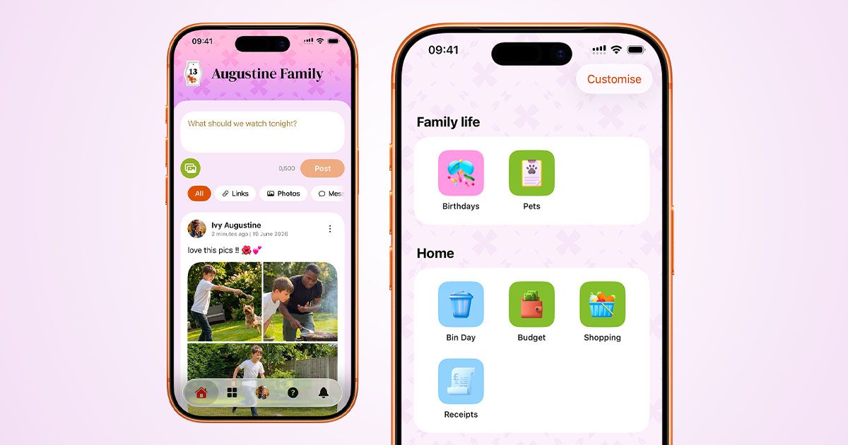 Two screenshots of the Cuppi Home Feed and Apps page, showing 3 images posted and the app grid
