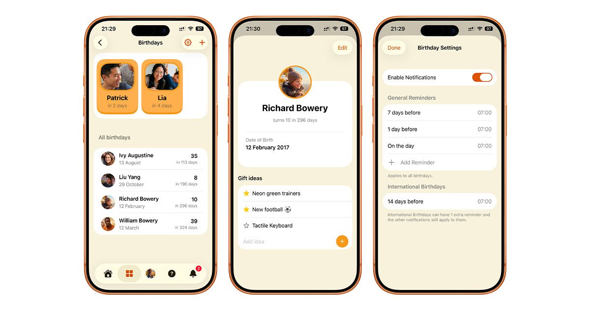 Three screenshots of the Birthday feature of Cuppi. First shows the main page with a list of people and their upcoming birthdays, second one a birthday profile of a kid with a list of gifts. A third one a birthday notification settings, showing default, editable times.