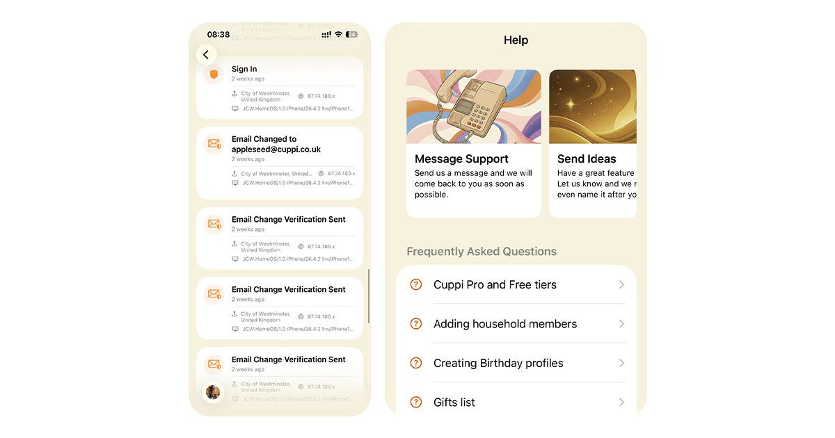 Screenshots of the Activity Logs, showcasing estimated location based and type of alerts, also showing the Help page's Message Support function with the FAQ listed questions