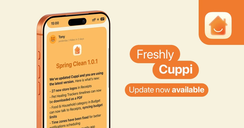 'Freshly Cuppi - Update available now' promo text with a screenshot of the latest update "What's new" Home Feed post, Cuppi app logo in the top right corner.