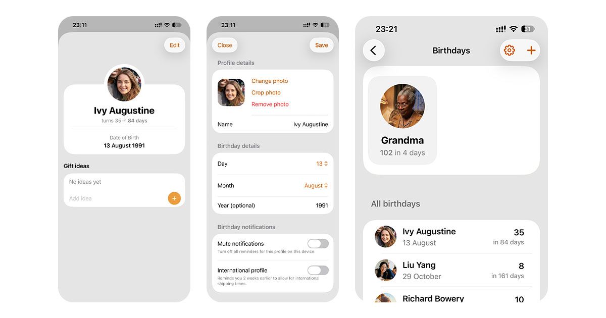 Three screenshot of the new UI Clear White theme, showing the updated Birthdays interface