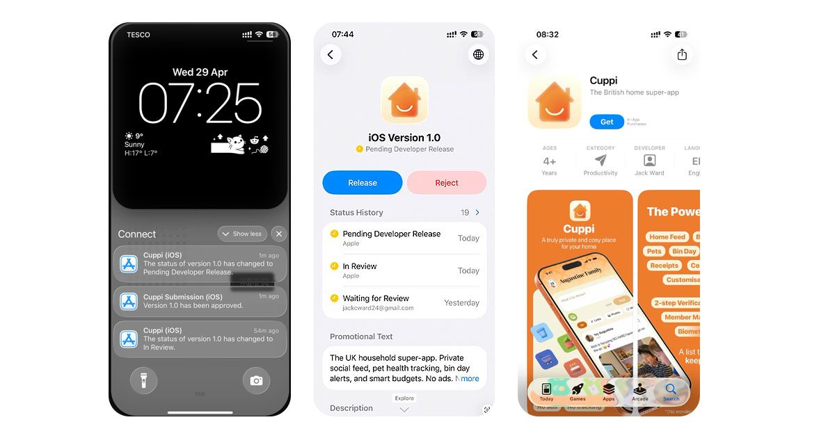 Three screenshots of the approval of the Cuppi iOS app, showing App Store Connect and App Store screenshots