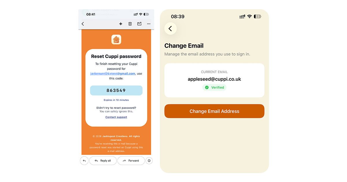 Screenshots showing Cuppi password reset one-time email and the Change Email interface in the Cuppi app