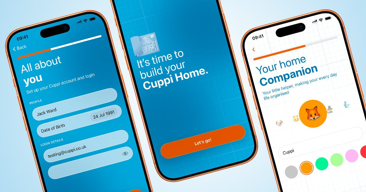 Three iPhone screenshots of the Onboarding process, showing the All about you, Its time to build your Cuppi Home and Your home Companion steps during onboarding