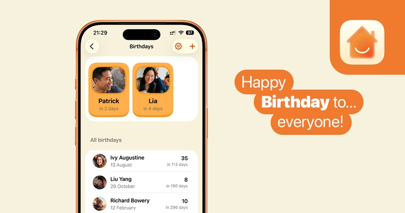 A screenshot of the Cuppi app's Birthdays feature, showing upcoming birthdays of family and friends. A "Happy Birthday to... everyone!" text on the right with a Cuppi app logo in the top right corner.