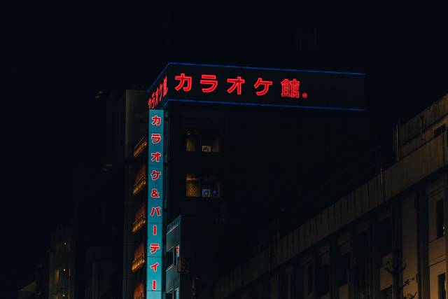 A red-and-blue neon karaoke sign glowing on a dark building at night.